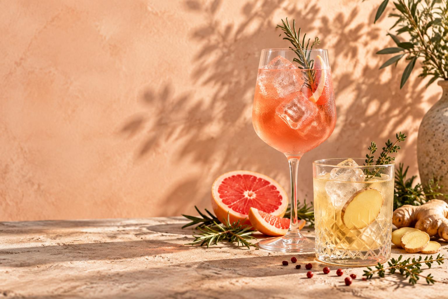 Cocktails au pamplemousse, gingembre et herbes aromatiques